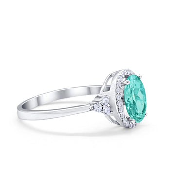 Halo Art Deco Oval Engagement Ring Simulated Paraiba Tourmaline CZ 925 Sterling Silver